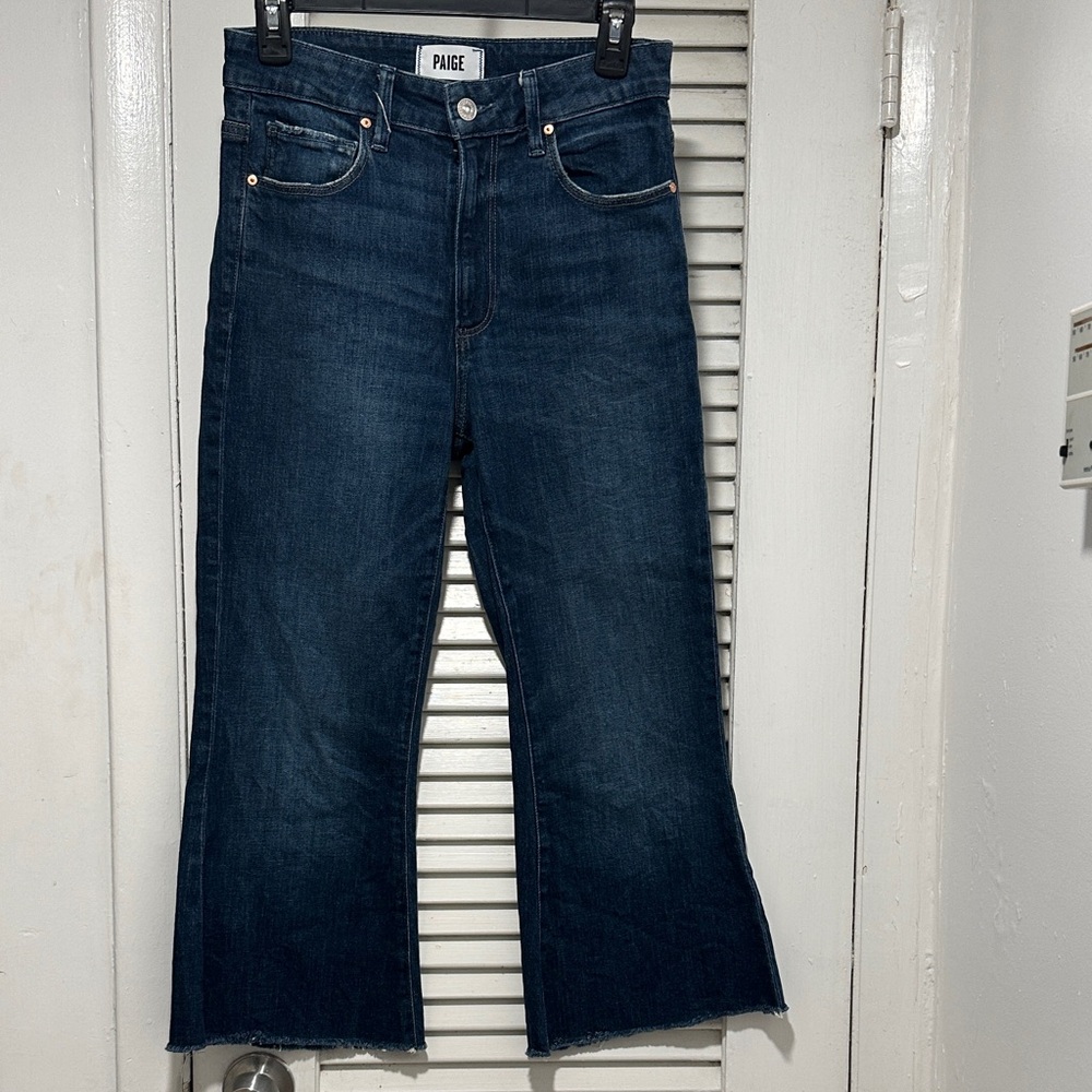 PAIGE Dark Blue Wide-Leg Cropped Flare Jeans